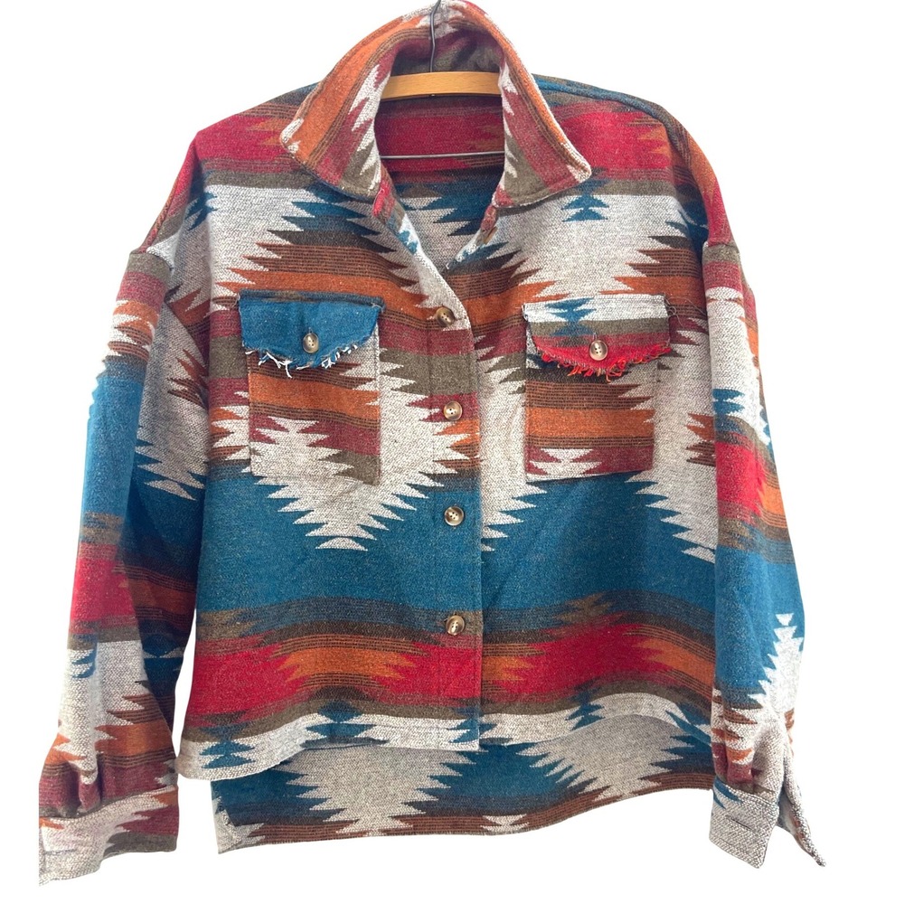 Southwestern Aztec Navajo Cropped Shacket Womens M Button Up Shirt Jacket